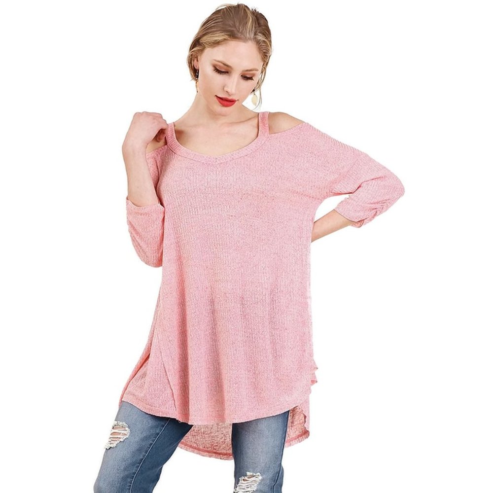 Umgee Shirred Sleeve Cold Shoulder Tunic, Pink